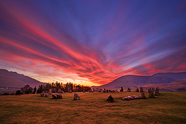 Fiery sunrise at Castlerigg Stone Circle, Lake District, Cumbria