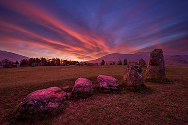 Dramatic sunrise at Castlerigg Stone Circle, Lake District, Cumbria