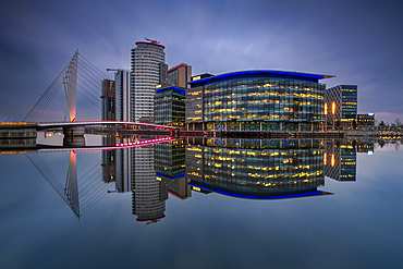 Media City UK reflected at night, Salford Quays, Manchester
