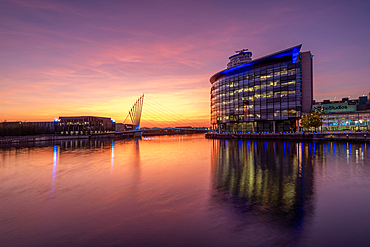Media City UK and new foorbridge at night, Salford Quays, Manchester