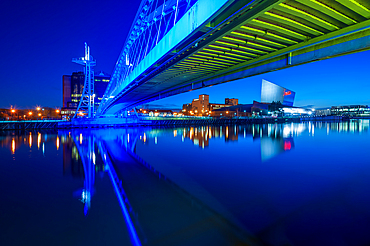 Salford Quays footbridge with IWN at night, Salford, Manchester