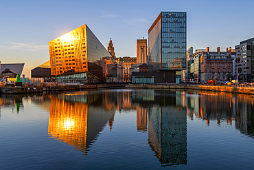 Mann Island and Waterfront Buildings at sunset, Canning Dock, Liverpool, Merseyside. UK