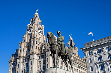 Statue of king Edward V11 and The Liver Building,, Pier Head, Liverpool.