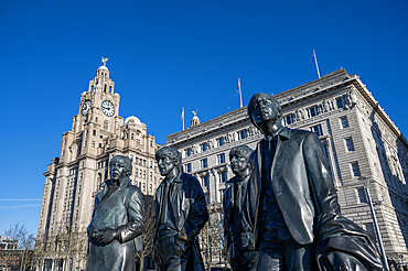 The Beatles statue, Liverpool waterfront, Liverpool, Merseyside, England, United Kingdom,