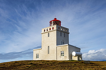 Kap Dyrholaey Lighthouse, to the east the Reynisdrangar, near Vik, South Coast, Iceland, Polar Regions