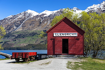 The red boat house in Glenorchy in spring, Queenstown Lakes district, Otago region, South Island, New Zealand, Pacific