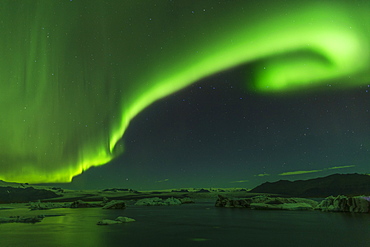 The Aurora Borealis (Northern Lights) display over Jokulsarlon Glacial Lagoon, South Iceland, Iceland, Polar Regions