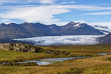 View of Breidamerkurjokull Glacier and Vatnajokull Ice Cap behind, South East Iceland, Iceland, Polar Regions