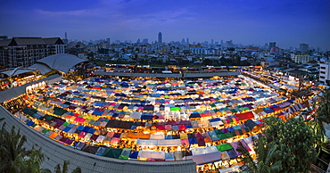 Panoramic view of multi-colored tents at the Ratchada train night market, Bangkok, Thailand, Southeast Asia, Asia