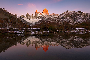 Mount Fitz Roy and Cerro Torre with incredible sunrise, Los Glaciares National Park, UNESCO World Heritage Site, El Chalten, Santa Cruz Province, Patagonia, Argentina, South America