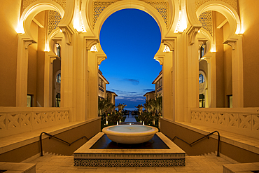 Arabian architecture at night, Saadiyat island, Abu Dhabi, United Arab Emirates, Middle East.