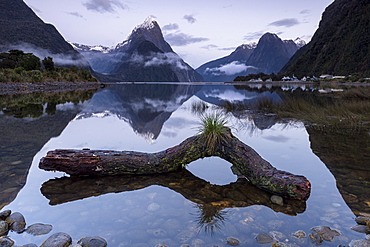 Low cloud below Mitre Peak, Milford Sound, Fiordland National Park, UNESCO World Heritage Site, South Island, New Zealand, Pacific