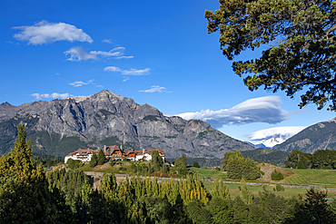 Llao Llao Hotel set against mountain backdrop, Bariloche, Patagonia, Argentina, South America