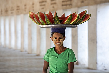 Burmese lady selling water melons. Nyaung U, Bagan (Pagan), Myanmar (Burma), Asia