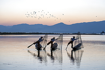 Three Intha Leg rowers on Inle Lake, Shan State, Myanmar (Burma), Asia