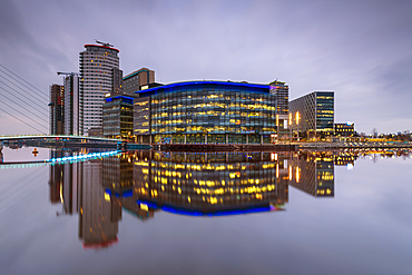 MediaCity UK reflected, Salford Quays, Manchester, England, United Kingdom, Europe