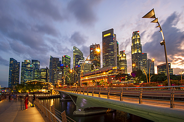 The Fullerton Hotel and The Financial District at night, Singapore, Southeast Asia, Asia