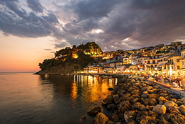 Evening view of Parga Castle and resort, Preveza, Greece, Europe