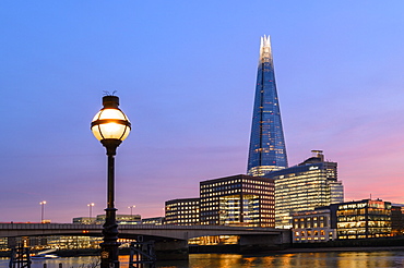 The Shard with old lampost at sunset, London, England, United Kingdom, Europe