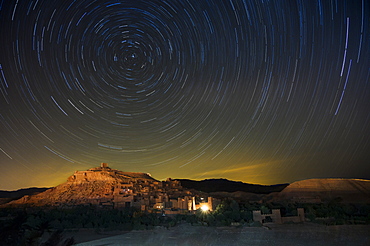 Star trails above The Kasbah Ait-Benhaddou, UNESCO World Heritage Site, Morocco, North Africa, Africa