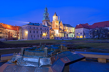 Wawel Castle with bronze model at night,UNESCO World Heritage Site, Krakow, Poland, Europe