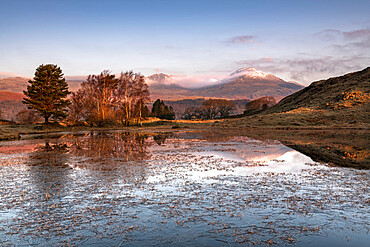 Partially frozen Kelly Hall Tarn and view of Coniston Old Man, Lake District National Park, UNESCO World Heritage Site, Cumbria, England, United Kingdom, Europe