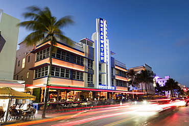 Art Deco architecture at night on Ocean Drive, South Beach, Miami Beach, Florida, United States of America, North America