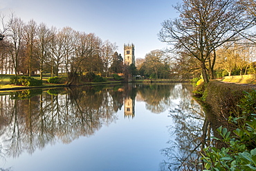 Gawsworth Parish Church reflected in Winter, Gawsworth, Cheshire, England, United Kingdom, Europe