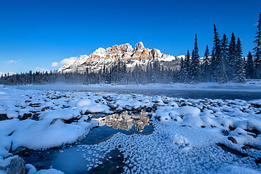 Winter view of Castle Mountain, Banff National Park, UNESCO World Heritage Site, Alberta, Canada, North America