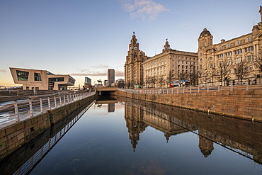 Reflections of The Pier Head on Liverpool waterfront, Liverpool, Merseyside, England, United Kingdom, Europe