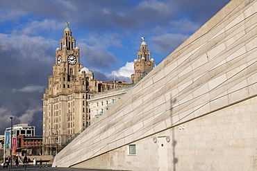 The iconic Liver Building at the Pier Head, Liverpool, Merseyside, England, United Kingdom, Europe