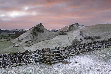 The view of Chrome Hill and Parkhouse Hill with dusting of snow, Peak District, Derbyshire, England, United Kingdom, Europe