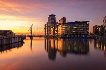 MediaCity UK reflected at night, Salford Quays, Manchester, England, United Kingdom, Europe