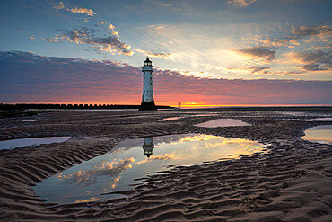 Perch Rock Lighthouse at sunset, New Brighton, Cheshire, England, United Kingdom, Europe