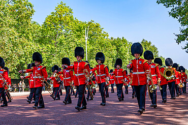 Guards Military Band marching towards Buckingham Palace on The Mall, London, England, United Kingdom, Europe