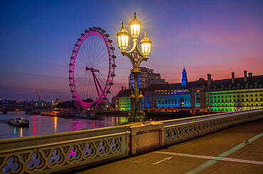 The morning view of The London Eye and London Aquarium viewed from Westminster Bridge, London, England, United Kingdom, Europe