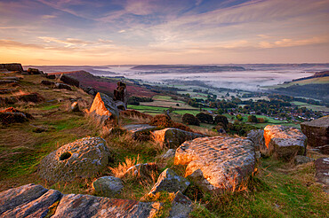 Low lying cloud filling valley below Curbar Edge, Peak District, Derbyshire, England, United Kingdom, Europe