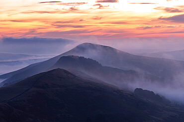 Losehill and The Great Ridge at sunrise shrouded with cloud inversion, Derbyshire, England, United Kingdom, Europe