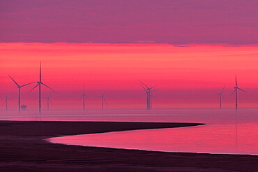 View at sunset of offshore wind farm at New Brighton, Cheshire, England, United Kingdom, Europe