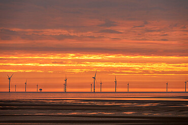 Offshore wind farm at sunset, New Brighton, Cheshire, England, United Kingdom, Europe