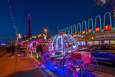 Blackpool's Golden Mile with glass horse drawn carriage, Blackpool, Lancashire, England, United Kingdom, Europe