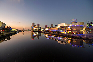 Lowry Theatre, MediCityUK and River Irwell at dusk Salford Quays, Manchester, England, United Kingdom, Europe