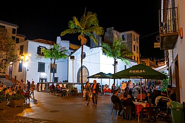 The facade of Corpo Santo Chapel in the Old Town at night, Funchal, Madeira, Portugal, Atlantic, Europe