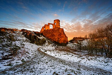 Winter sunrise at the Folly of Mow Cop, Cheshire, England, United Kingdom, Europe