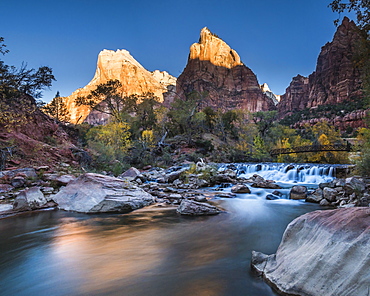 View across the Virgin River to Abraham and Isaac Peaks, sunrise, Court of the Patriarchs, Zion National Park, Utah, United States of America, North America