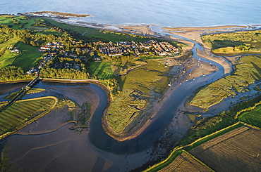 Aerial view of the meandering estuary of the River Aln, Alnmouth, Northumberland, England, United Kingdom, Europe