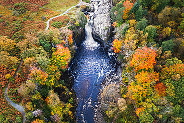 Aerial view of High Force and River Tees in autumn, North Pennines AONB (Area of Outstanding Natural Beauty), Middleton-in-Teesdale, Teesdale, County Durham, England, United Kingdom, Europe