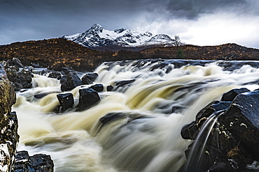 View to the Black Cuillin across the Allt Dearg Mor river, Sligachan, Isle of Skye, Inner Hebrides, Highland, Scotland, United Kingdom, Europe