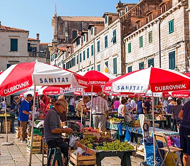 Colourful fruit and vegetable market in Gundulic Square, Gunduliceva Poljana, Dubrovnik, Dubrovnik-Neretva, Dalmatia, Croatia, Europe