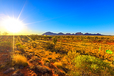 Sunrays at afternoon of Kata Tjuta in Uluru-Kata Tjuta National park at sunset. Australian outback from platform dune viewing area at twilight in Northern Territory, Australia.